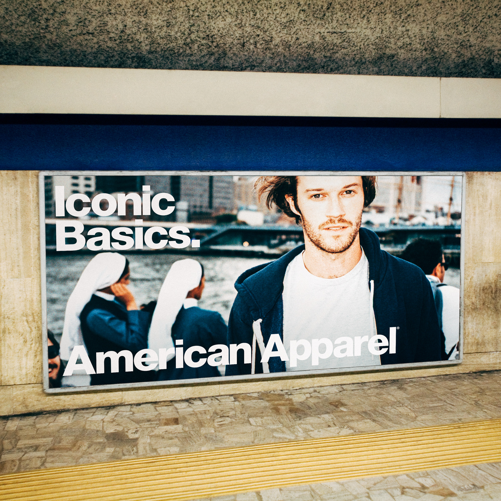 American Apparel Iconic Basics campaign with a man and nuns